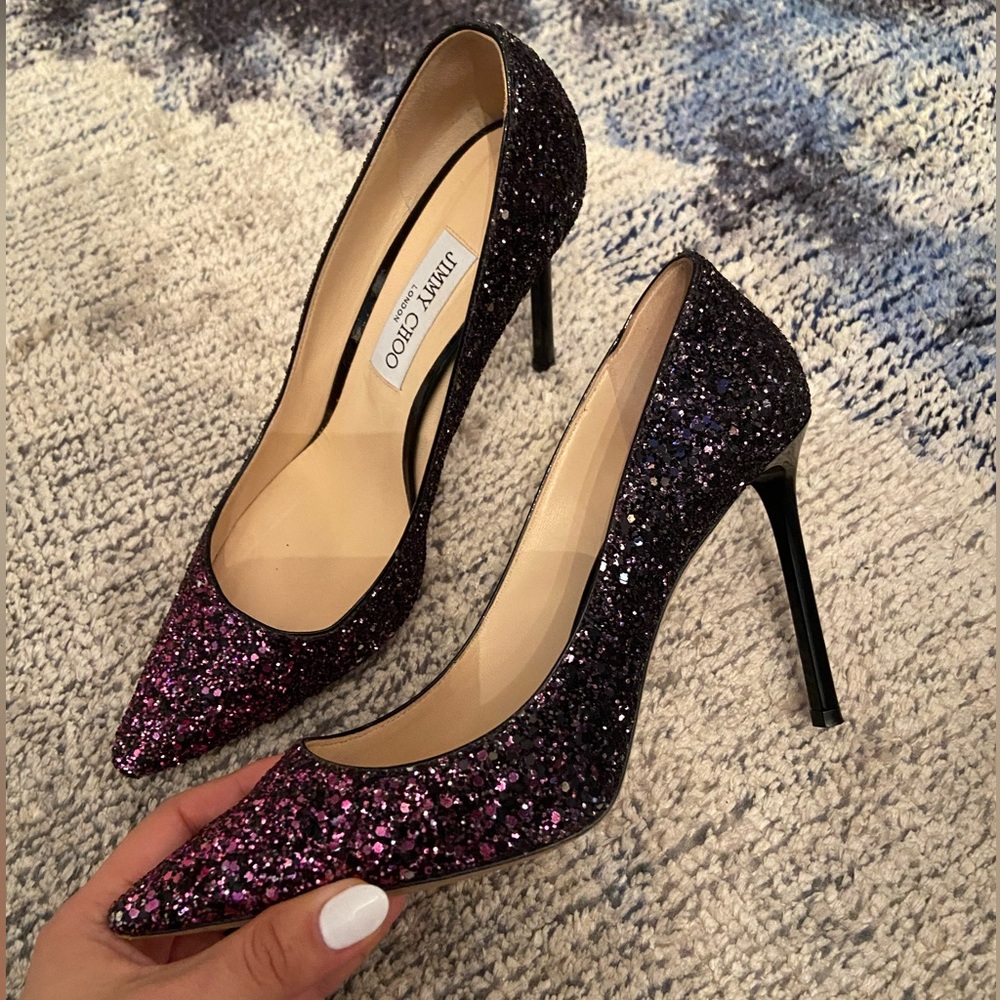 Jimmy Choo Romy 100 Black/Pink Glitter Ombre Heels 💗